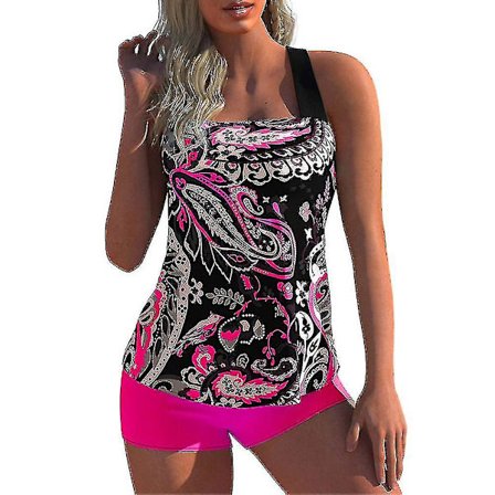 Blommig baddräkt för kvinnor Bikini Tankini Halterneck Toppar Boyshorts Set Baddräkt Plus Size