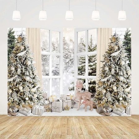 Heyone Julebaggrunde til Fotografering Vinter Snelandskab Juletræ Julehjort Hvidt Vindue Baggrund Ferie Familie Børn Nyfødt Fødselsdag Par