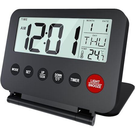 Liten Digital Reseväckarklocka Batteridriven Bärbar Väckarklocka kompatibel Resa - Digital Klocka, Alarm, Snooze, Temperatur och Bakgrundsbelysning (