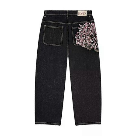 Cherry Blossom Selvedge Broderi Denim Bukser Y2k Retro Herre Casual Baggy Lige Brede Ben Jeans Hiphop Streetwear