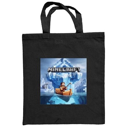 Stoffpose Illustrasjon med blokkbasert karakter som fisker fra båt ved et isfjell i en kald blå vintermiljø, med undervannsverden, fisk og isbjørn.