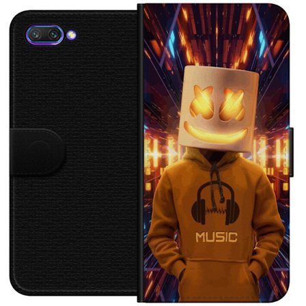 Yhteensopiva Lompakkokotelo Honor Honor 10 DJ-hahmo valaisevassa kypärässä ja hupparissa futuristisessa musiikkiympäristössä neonvalojen keskell