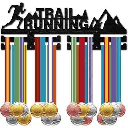 Trail Running Medaljeophæng Display Sports Medaljeholder Sort Træ Konkurrence Vægophæng Stativ Ramme Krog Bånd Display Løb til Hjem Badge 2 Linjer O
