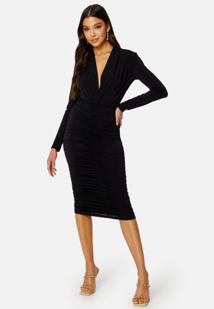 John Zack Deep V Rouched Midi Dress Black Klær