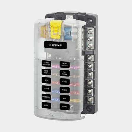 Fuse holder Blue Sea Systems ST Blade Fuse Block, for 12 spade fuses, with ground terminal, M4 + M5, 32 V DC, 100 A