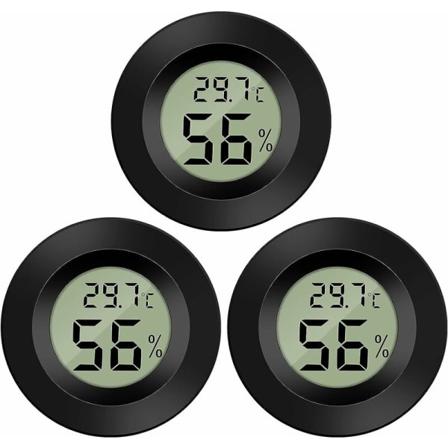 3 kpl musta upotettavia elektronisia termohygrometrejä, akryyliboxi termohygrometrit