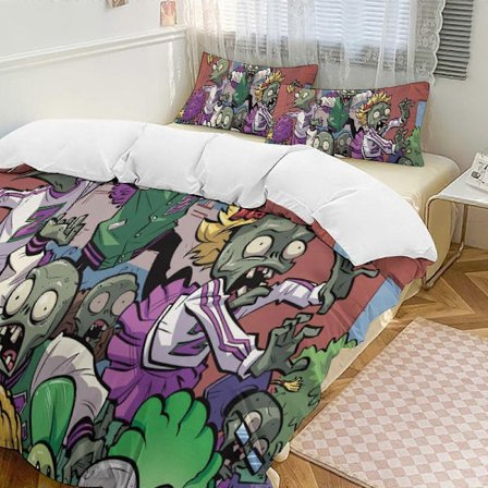 SQ188 Plants Vs Zombies Täcke Set Tjockt Mjukt 3-delars Sängklädesset Året Runt Täcke med 2 Örngott för Vuxna Kvinnor Flickor Tonåringar Hemrum De