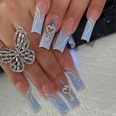 Franska Press-on Naglar Långa Blå Falska Naglar Kvadratiska Bling Glansiga Rhinestone Falska Nagelspetsar Artificiella Naglar Finger Manikyr för 
