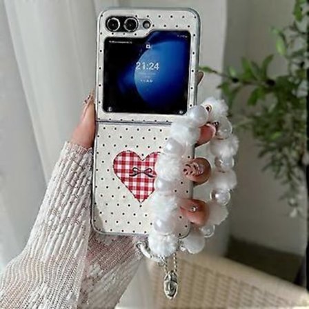 Samsung Galaxy Z Flip6 5G -kotelo Pisteet Sydänkuvio Nahka+PC Puhelinkuori Käsiremmi (Tyyli A)