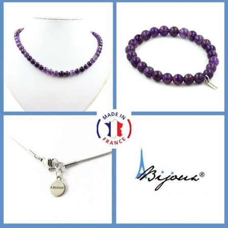 Sten og mineraler. Smykkesæt Armbånd Halskæde Ametyst perler 8 mm. Stålkæde kan tilpasses størrelse.