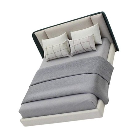 Miniature dobbeltseng i cremefarvet stil med sengetøj, soveværelsesmøbler, realistisk detaljeringsdesign til 1/20 dukkehuse, flerfarvet