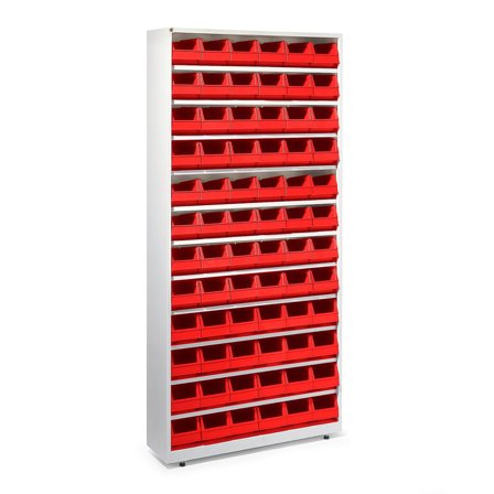 Boksskap, 72 røde bokser, 2000x950x270 mm