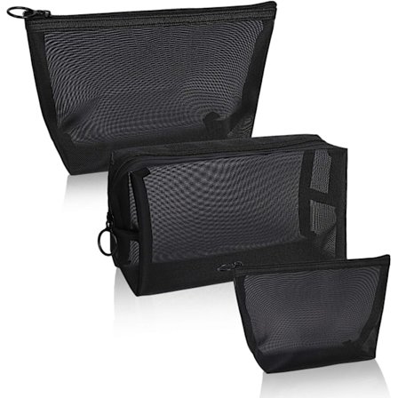 Mesh Kosmetikpung 3 Stykker Rejsetaske med Lynlås Makeup Organizer Tasker til Mænd og Kvinder (Sort)