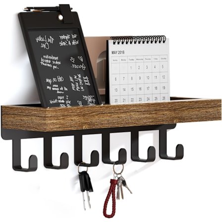 Vægmonteret nøgleholder med træbakke og 6 kroge; velegnet til indretning, især i entréer, indgange og opbevaringsrum
