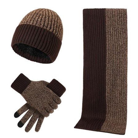 Sett med lue, skjerf og hansker, matchende fargestrikket sett i tre deler, tykke varme vintertilbehør for utendørsaktiviteter
