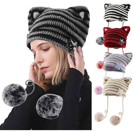 Hatt med katteører i strikk for kvinner, vintervarm lue i elastisk strikk, skihue med dun og broderi for voksne jenter