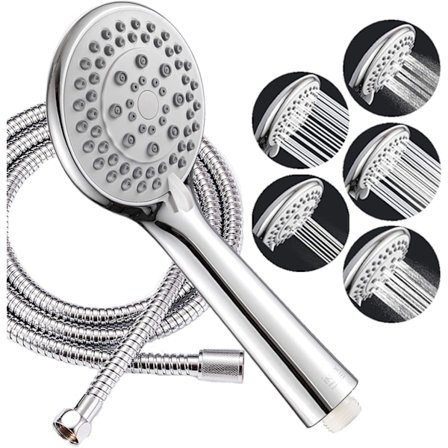 Duschhuvud med 175 cm rostfri stålslang och 5 massagelägen, grovborrad 5-läges duschhuvud med stor spridning (krom)
