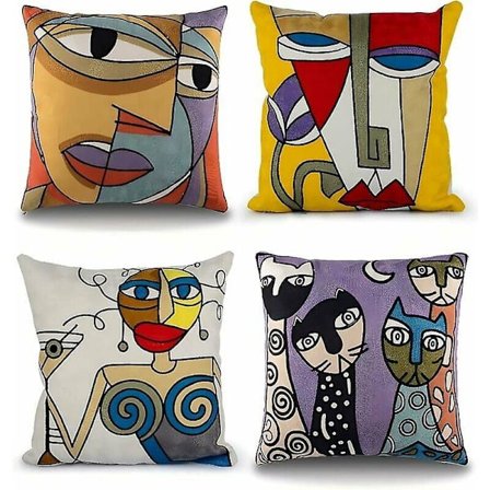 Picasso Putesett - 4 stk | 45 x 45 cm | Broderte Bomullslin | Skandinavisk Stil | Stue, Soverom, Kontor og Lenestol Dekor