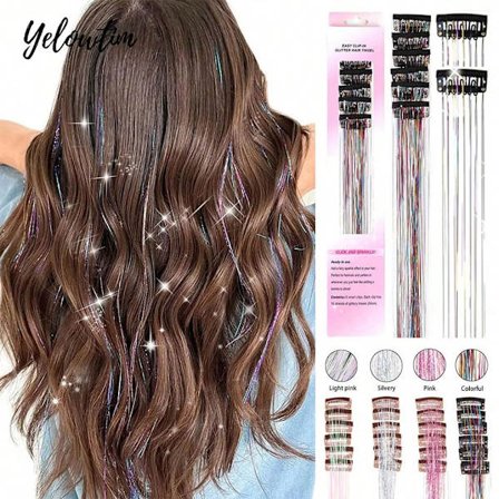 12st Clip In Hair Tinsel Hair Extensions Paket med 12st Hair Tinsel 20 tum Värmebeständig glitter hårförlängning