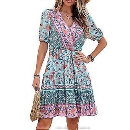 Dam 2023 Mode Sexig Omlott V-ringad Mini Klänning Kortärmad Elastisk Hög Midja Volang Flödande Swing A Linje Kort Klänning Grön S