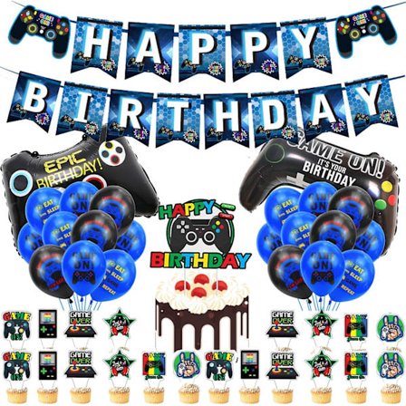 Videospil Fødselsdagspynt, Inkluderer Fødselsdagsbannere, Kagepynt, Latex- og Aluminiumfolie Balloner til Teenager Spilfest Dekoration