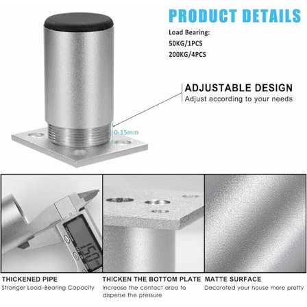 Aluminiumslegering Bordben, Justerbare Metalmøbelben til Bordplade, Morgenmad, Bar, Skrivebord, Hjørneskab (Sølv, 1 stk, Størrelse: 30 cm) KLB