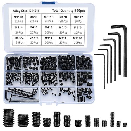 300 stk. sekskant skrue sett, sekskant hode skrue sortiment sett, M2.5/M3/M4/M5/M6/M8 legert stål sekskant skrue sett med unbrakonøkkel