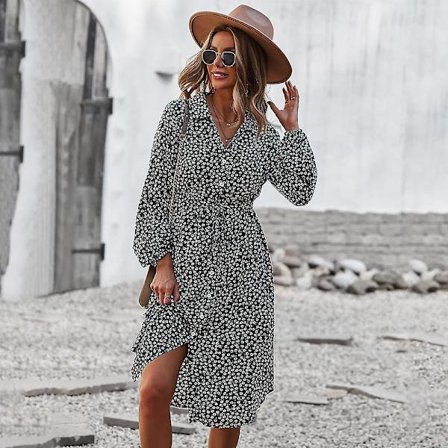 Sommer Efterår Blomsterprint Lang Kjole Kvinder Casual V-hals Fuld Ærme Knap Bandage S-XL