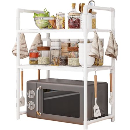 Utdragbart Mikrovågsugnsställ - 2-Vånings Bänkskiva Organizer för Kök, Öppen Förvaring, (Vit)