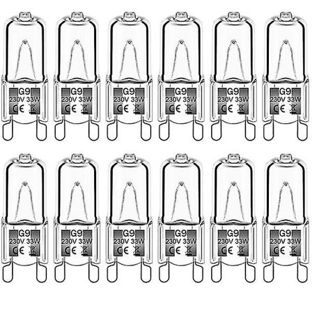 12-pakning G9 halogenpærer, 33W 230V 2800K varmhvitt lys, 380 lumen, transparente, dimbare, flimmerfrie.