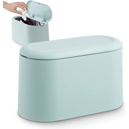 Lille (blå) bordskraldespand med trykknap låg til kontor,