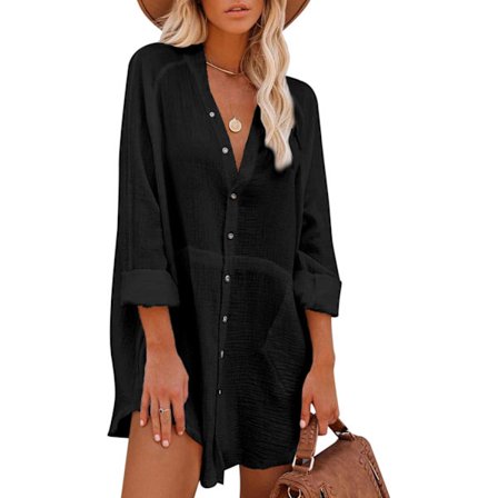 Kvinnor Casual lös knapp V-hals långärmad skjorta Oregelbunden