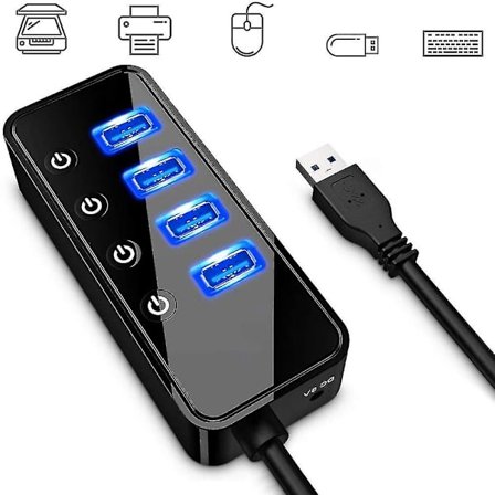 4-ports USB 3.0 Hub med 4 USB 3.0 data-porte og 1 USB smart opladningsport, USB-splitter med individuelle tænd/sluk-kontakter og 5V/3A strømforsyning