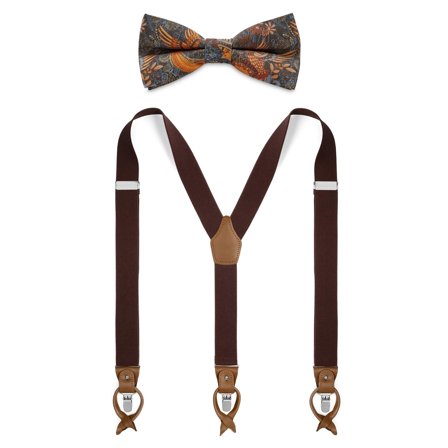 Set de papion pre-legat și bretele maro de mătase pentru bărbați - Seturi cu papion