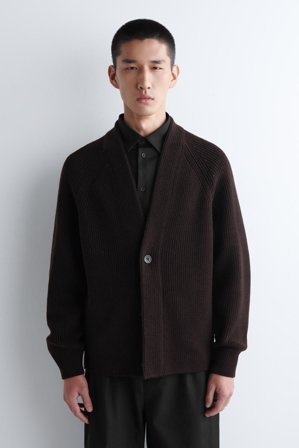 COS Men's Chunky Ribbed Wool V-Neck Cardigan in Brown