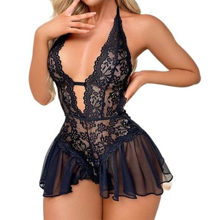 Sexig Babydoll Nattlinne i Spets - Halterneck Djup V Teddy Underkläder med Rygglös Design & Snörningsdetaljer