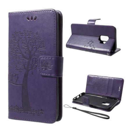 Samsung Galaxy S9 stemplet Træ ugle PU læder flip etui - Mørkelilla Purple