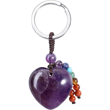 Naturlig Ametist Hjärta Kristall Nyckelring 7 Chakran Healing Ädelsten Nyckelring Charm Kompatibel med Kvinnor