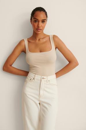 NA-KD Basic Débardeur col carré - Débardeurs - Beige - XX-Large
