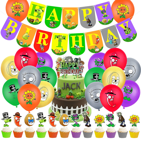 32 Stykker Plants VS Zombies Festudstyr, Inkluderer PVZ Tillykke Med Fødselsdagen Banner, PVZ Kagetopper, PVZ Latex Balloner til Børn Drenge Spillere 