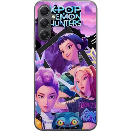 Kompatibel Mobilcover til Samsung Galaxy A35 K-Pop Demon Hunters anime-inspireret plakat med tre heltinder, futuristisk by og lilla neonlys.