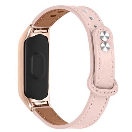Xiaomi Mi Smart Band 6 / 5 klockarmband i koskinnläder med roséguldskydd - Ljusrosa