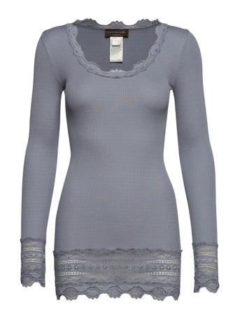 Silk T-Shirt W/ Lace T-shirts & Tops Long-sleeved Blå Rosemunde*Betinget Tilbud