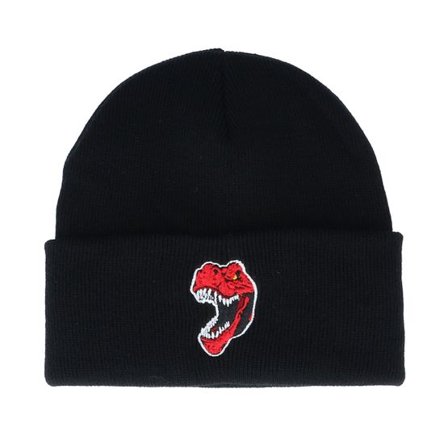 Kiddo Cap - Svart cuff Beanie - Kids Red Angry Dinosaur Black Cuff @ Hatstore