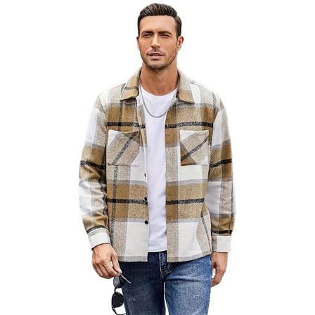 Hettegenser for menn i flanell, casual knappeskjorte med rutete mønster