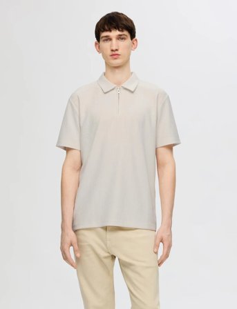 Selected Slhrelax-Plisse Half Zip Ss Polo Ex - Cream - XL