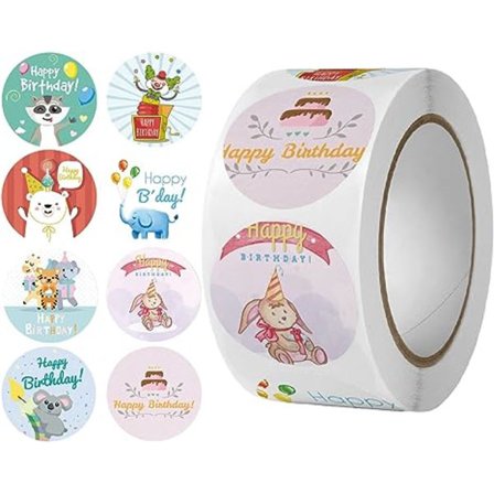 Grattis på födelsedagen klistermärken förseglingar 1 tum 500 st i 1 rulle för födelsedagsinredning festtillbehör skol kort försegling, 8 mönster 