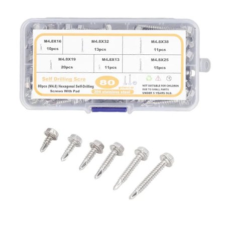 80 stk selvskjærende skruer med sekskanthode og oppbevaringspose, rustfritt stål, korrosjonsbestandige, M4.8