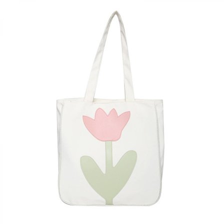 Mediumblommig Canvas Tote Bag för Universitetsstudenter, Blommiga Shopping Canvasväskor, Initialer Återanvändbara Väskor Vit