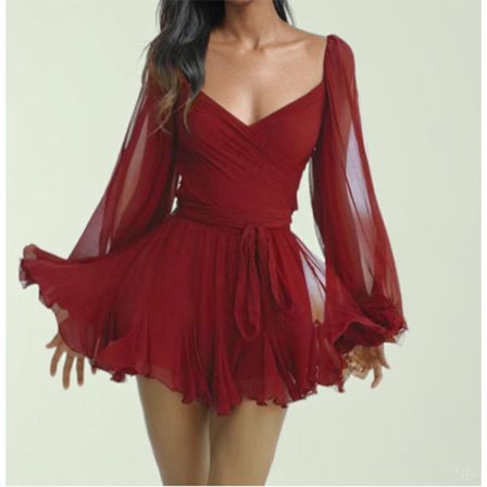 Sommarklänning 2025 för kvinnor, sexig kryddig tjej, ihåliga lyktärmar, V-ringad off shoulder-klänning för kvinnor (röd)